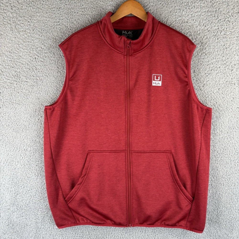Huk Fishing Performance Vest Mens 2XL‎ Red Full Zip Pockets Outdoor Stretch